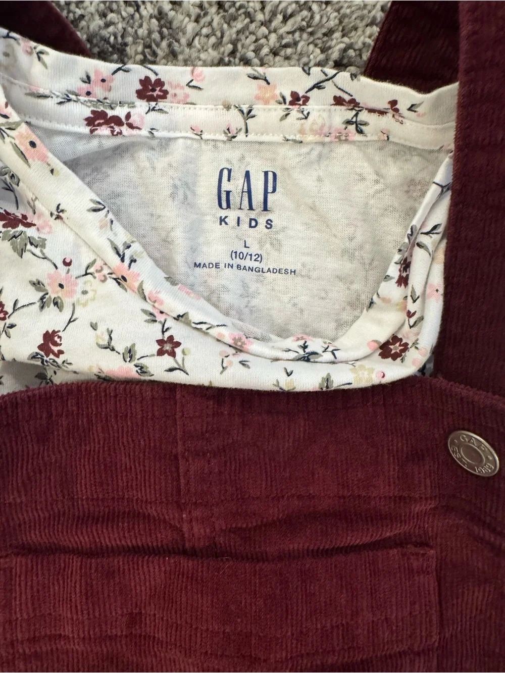 Gap Kids Burgundy Corduroy Pinafore Dress - Floral Tee Included